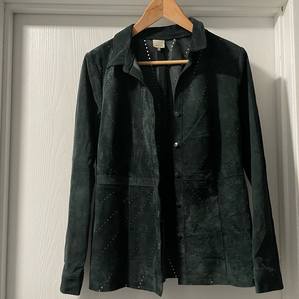 Ecru Dark Green Suede Leather Shacket with laser cutouts. Size S